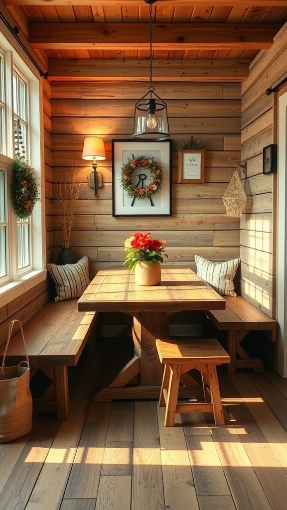 Cozy farmhouse dining nook with wooden table and benches, decorated with plants and artwork.