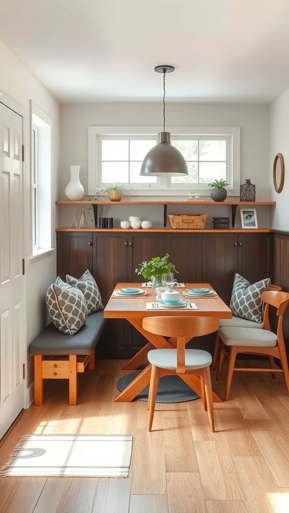A modern farmhouse dining nook featuring a wooden table, cozy seating, and natural light.