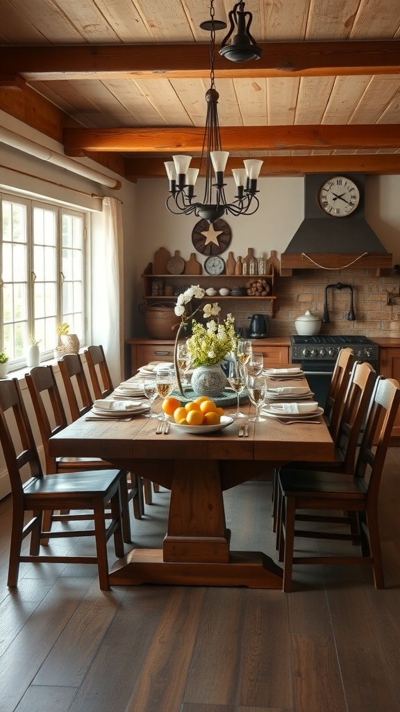 A rustic farmhouse dining table set with plates, glasses, and a bowl of oranges, surrounded by wooden chairs.