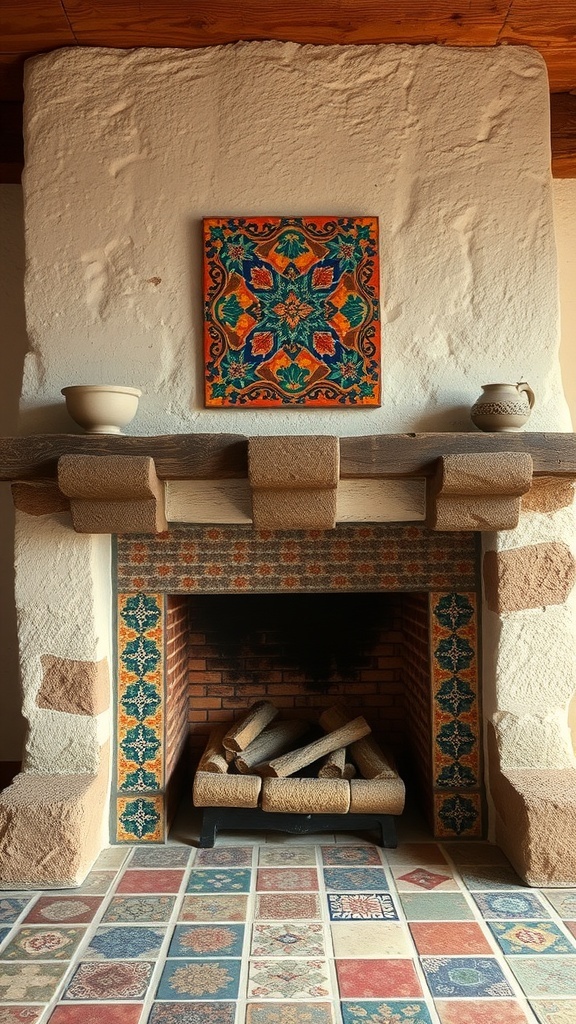 A rustic farmhouse fireplace with colorful tiles and a wooden mantel.
