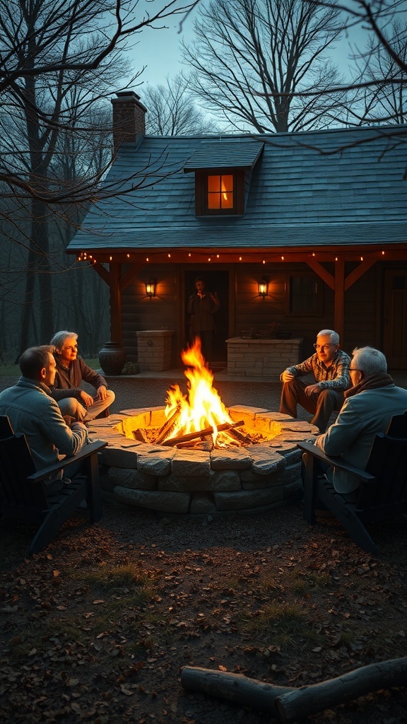 A group of people sitting around a fire pit at a farmhouse, sharing ghost stories on a cool evening.