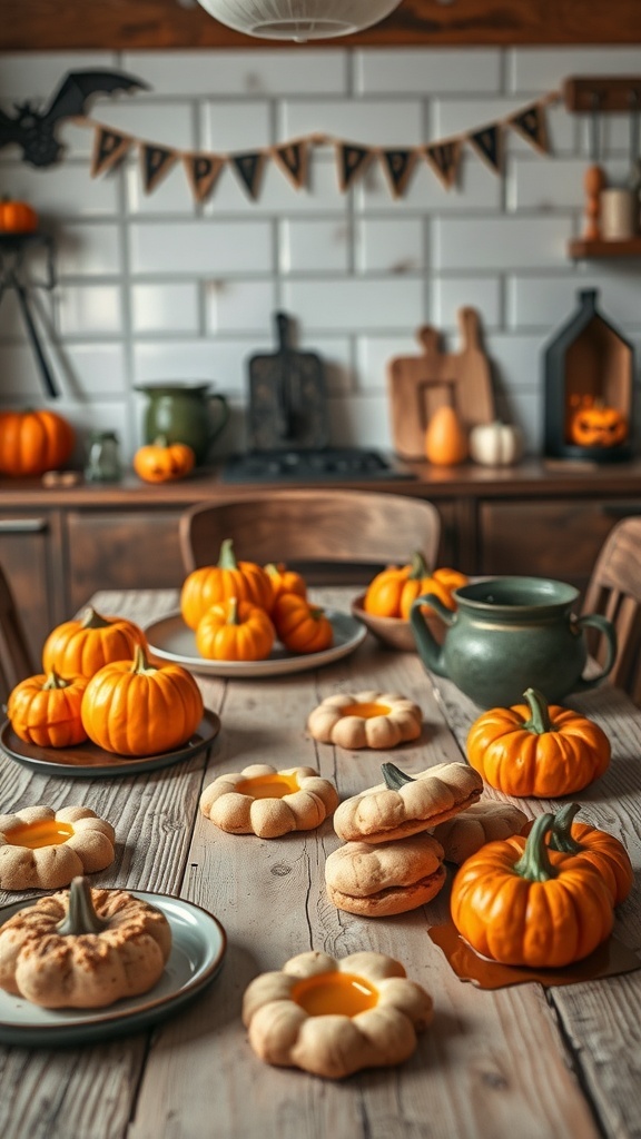 A cozy farmhouse kitchen decorated for Halloween with pumpkins and themed treats.