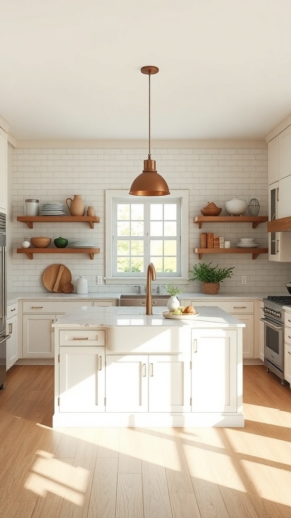Bright modern farmhouse kitchen with open shelves and a central island.