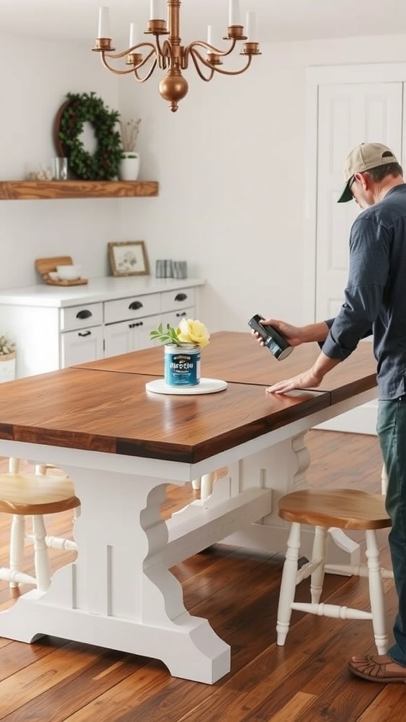 A person applying wood conditioner to a farmhouse kitchen table.