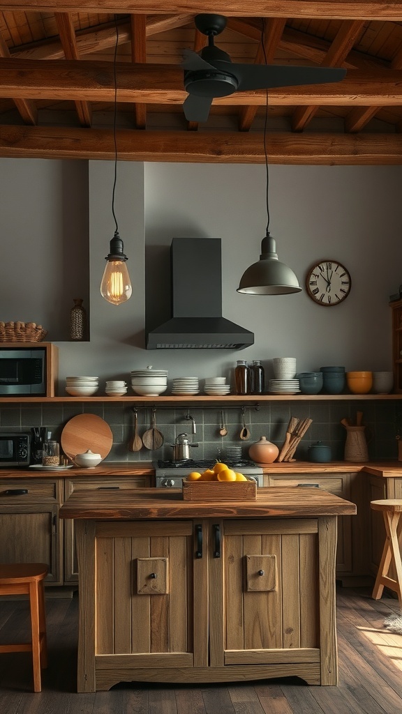 A rustic farmhouse kitchen featuring wooden cabinets, a central island, and stylish lighting fixtures.