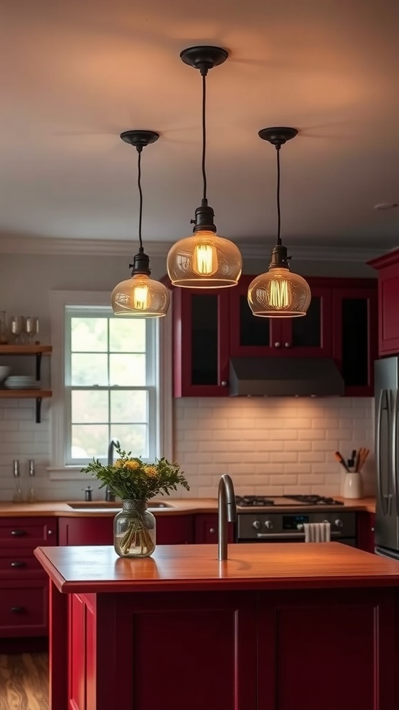 A red farmhouse kitchen with pendant lighting and a wooden island.