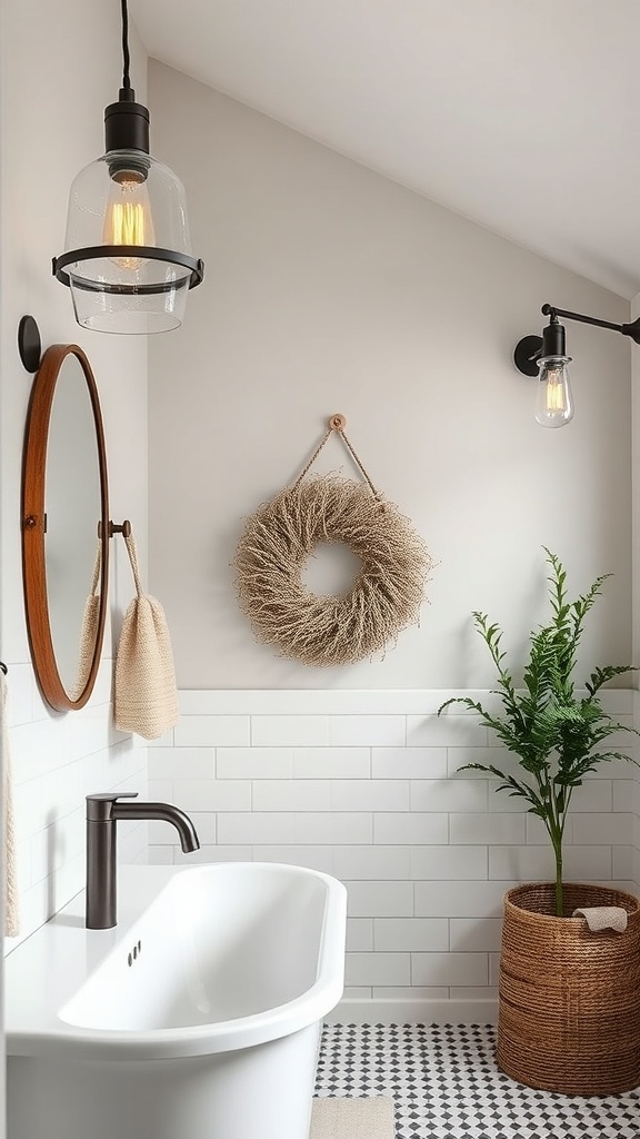 Modern farmhouse bathroom with stylish lighting fixtures
