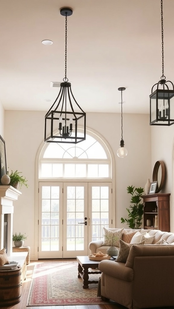 A cozy living room featuring farmhouse lighting fixtures, including pendant lights and lanterns.