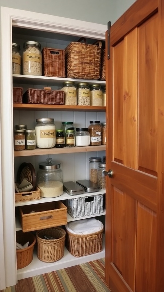 A cozy farmhouse pantry with wooden shelves, jars, and woven baskets.
