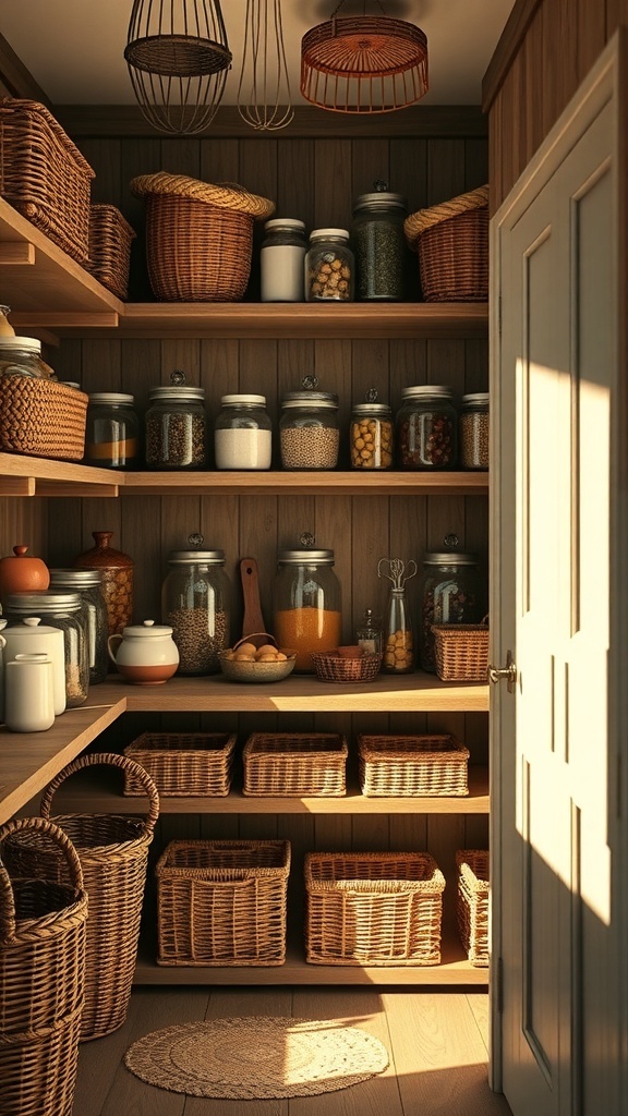 Organized farmhouse pantry with jars and baskets