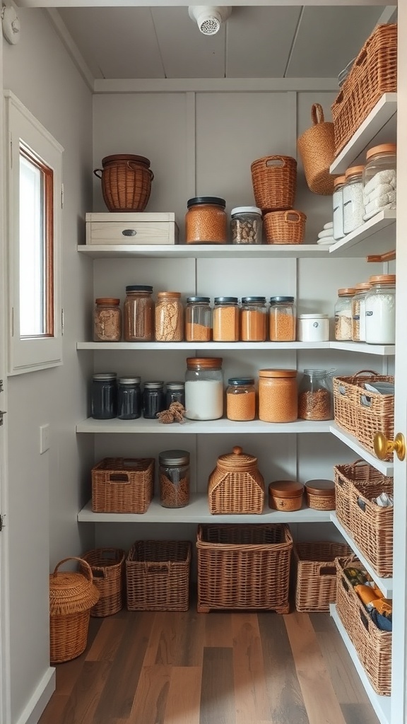 A neatly organized farmhouse pantry with shelves filled with jars and baskets.