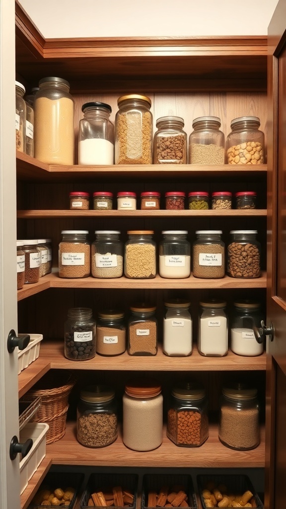 Organized farmhouse pantry with jars and labeled containers.
