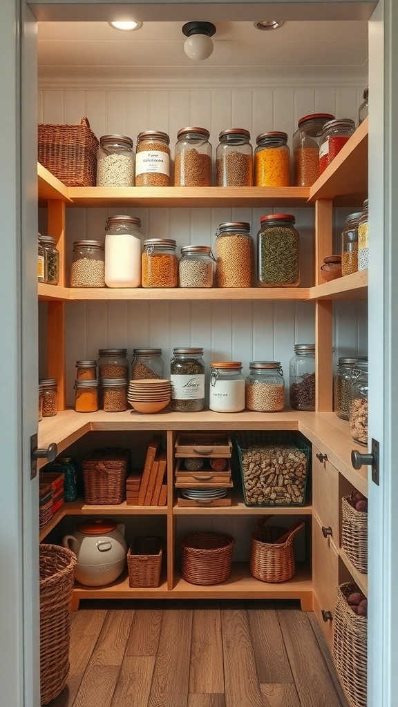 A cozy farmhouse pantry featuring shelves filled with glass jars and woven baskets.