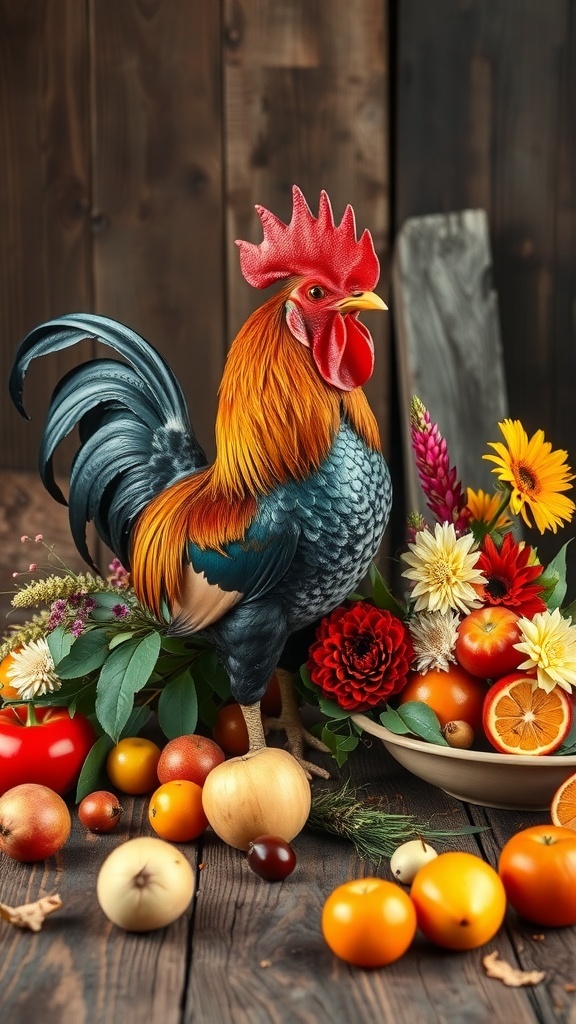 A colorful rooster surrounded by fruits and flowers on a rustic wooden table.