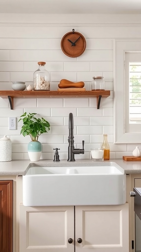 A stylish farmhouse sink with a black faucet, surrounded by wooden shelves and decorative items.