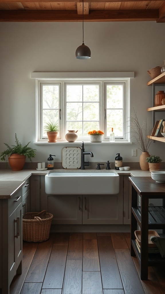 A modern farmhouse kitchen featuring a large white farmhouse sink, wooden shelves, and plants.