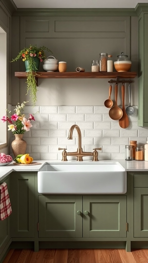 A sage green farmhouse kitchen featuring a large white farmhouse sink and wooden shelves with kitchenware.