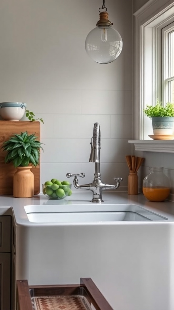 A modern farmhouse kitchen featuring a stylish farmhouse sink with plants and decorative items.