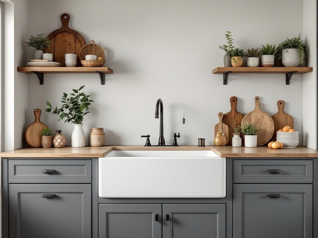 A stylish kitchen featuring a farmhouse sink, dark cabinetry, and wooden shelves with plants and decorative items.