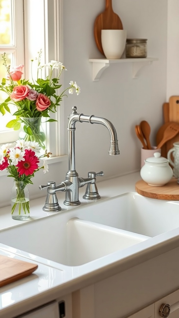 A white farmhouse sink with a stylish faucet and a vase of flowers nearby.