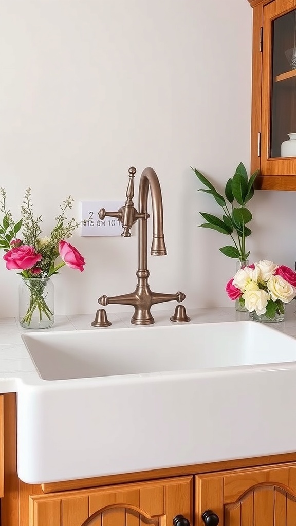 A modern farmhouse kitchen featuring a white farmhouse sink with a bronze faucet and fresh flowers.