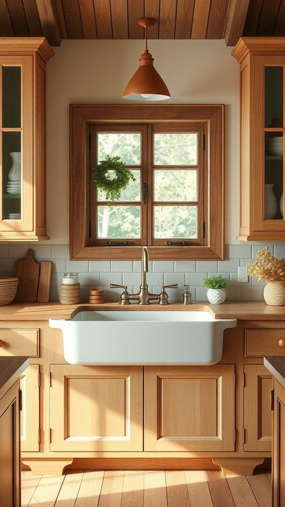 A rustic kitchen featuring a farmhouse sink with wooden cabinetry and natural light.