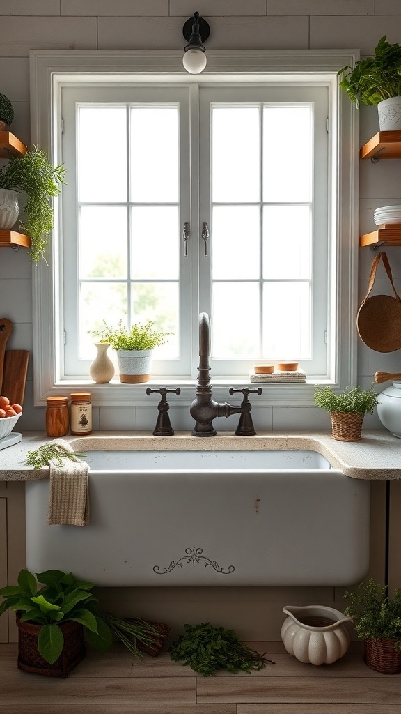 A rustic kitchen featuring a farmhouse sink, plants, and wooden shelves.