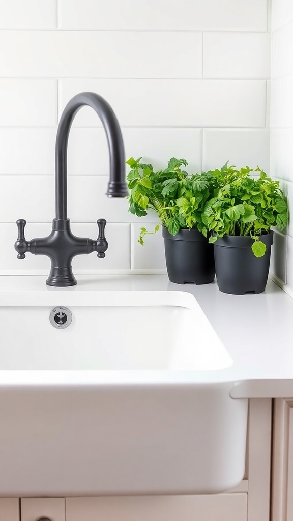 A black farmhouse sink with a stylish faucet and potted herbs nearby.
