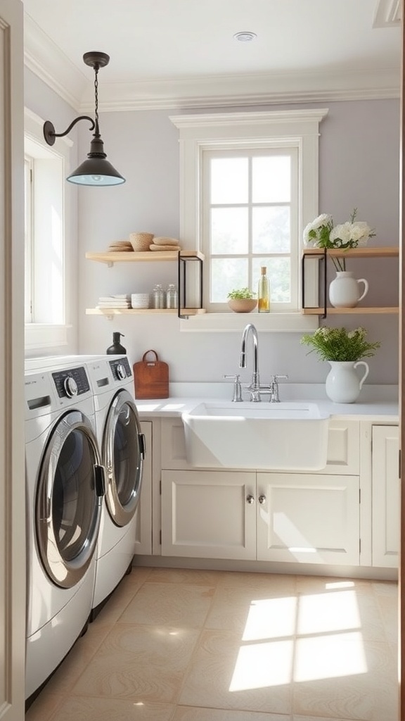 Modern farmhouse laundry room with a farmhouse sink and stylish decor.