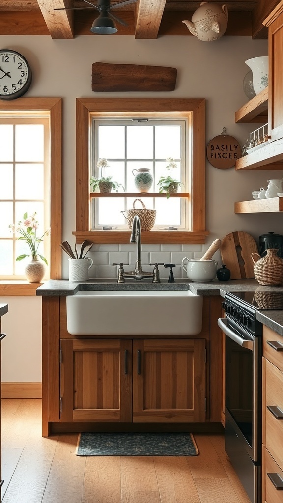 A rustic modern kitchen featuring a farmhouse sink with wooden cabinetry and natural light.
