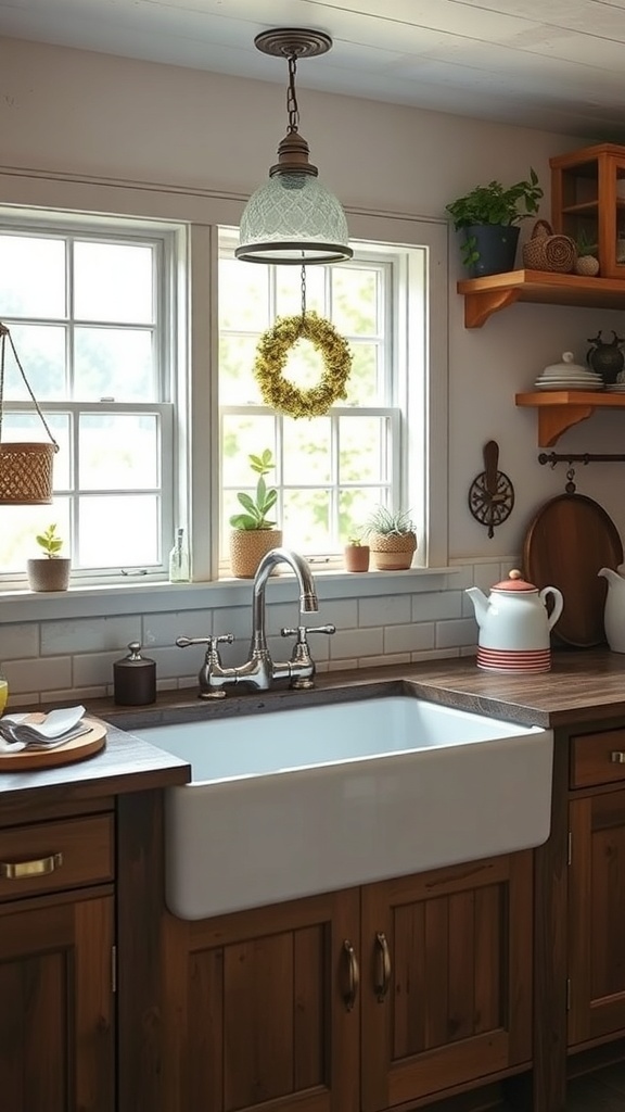 A rustic kitchen featuring a farmhouse sink with wooden shelves and decorative items.