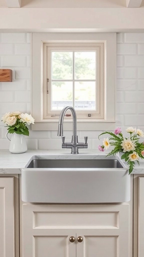 A modern farmhouse kitchen featuring a stainless steel farmhouse sink, stylish faucet, and fresh flowers on the counter.