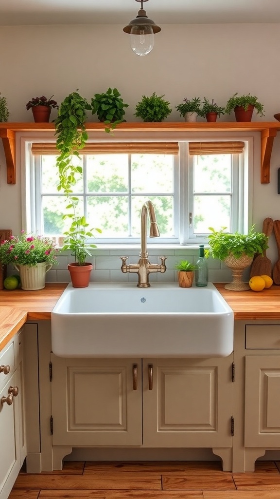 A rustic kitchen featuring a farmhouse sink with plants and wooden accents.