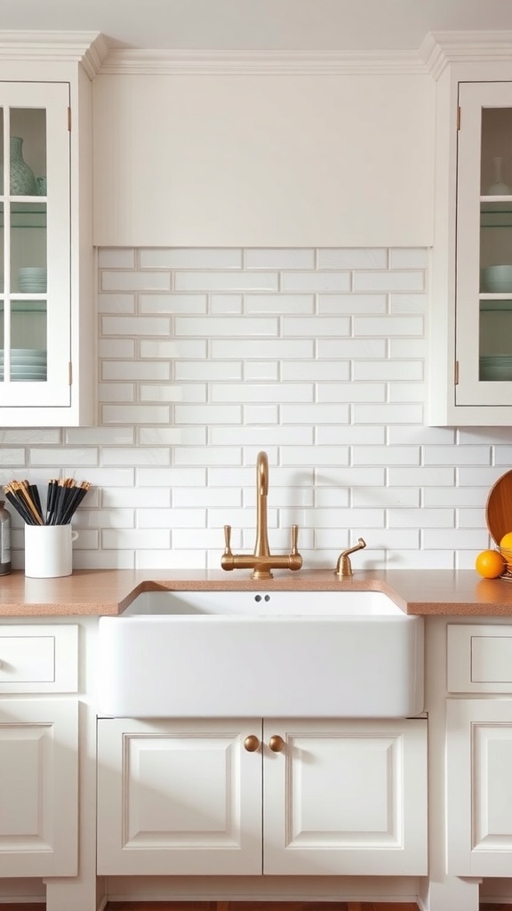 Rustic farmhouse kitchen with a white farmhouse sink and a white subway tile backsplash.
