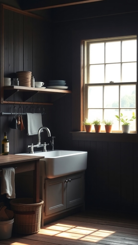 A cozy corner of a dark rustic kitchen featuring a farmhouse sink, wooden shelves, and potted plants by the window.