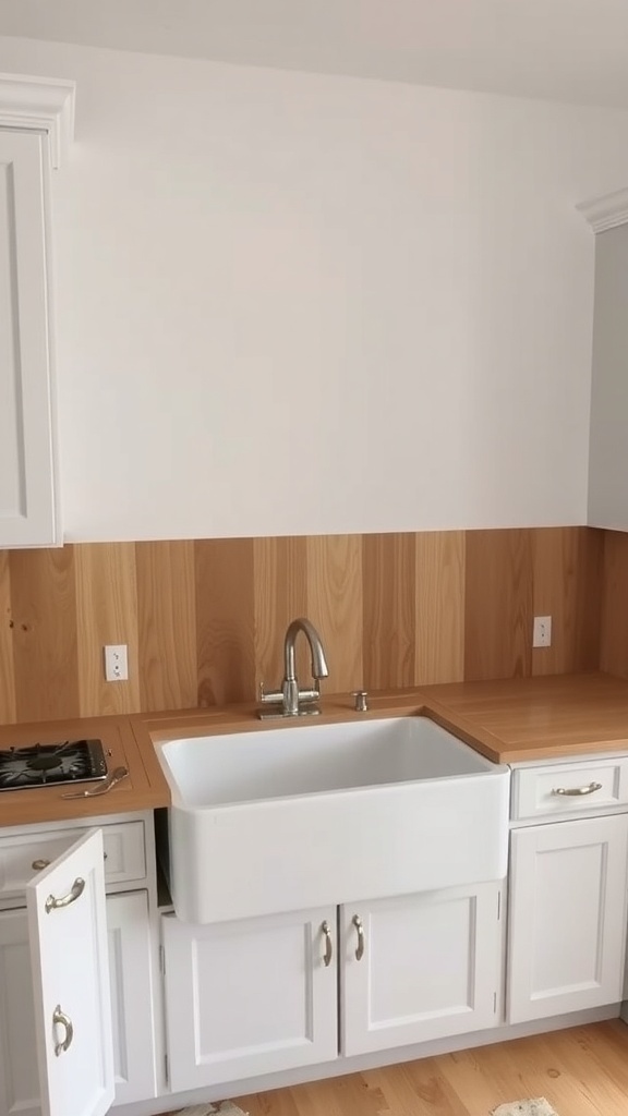 A modern farmhouse sink installed in a kitchen with wooden accents.