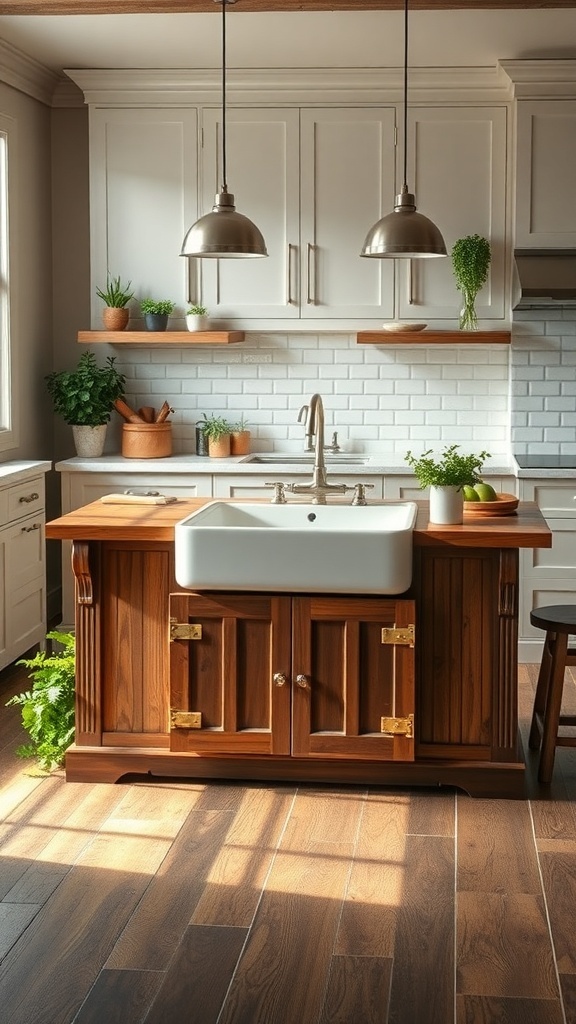 A farmhouse kitchen island featuring a deep sink, wooden cabinetry, and plants.