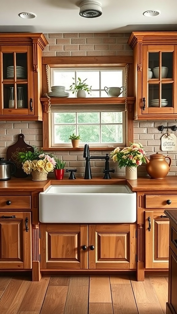 Rustic kitchen with farmhouse sink and wooden cabinets