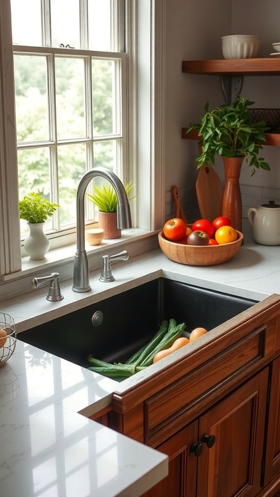 A cozy farmhouse kitchen with a deep sink, fresh vegetables, and wooden accents.