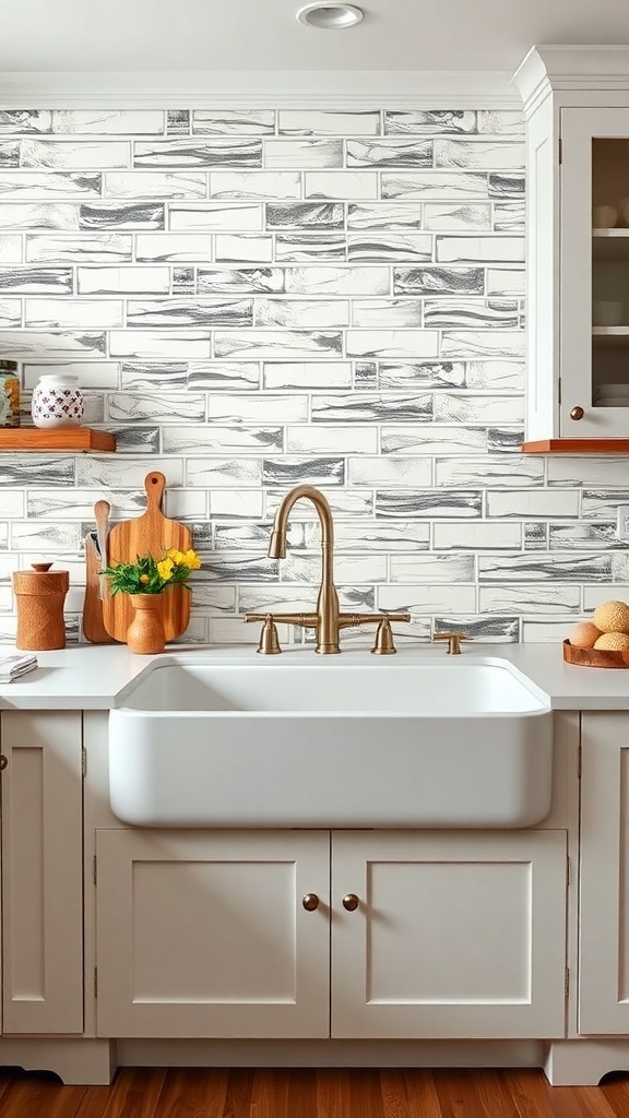Modern farmhouse kitchen with a white farmhouse sink and stylish backsplash.