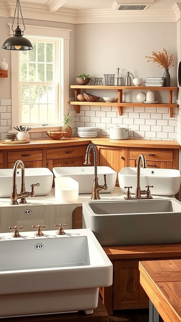 A collage of different farmhouse sink styles showcasing various designs and finishes.