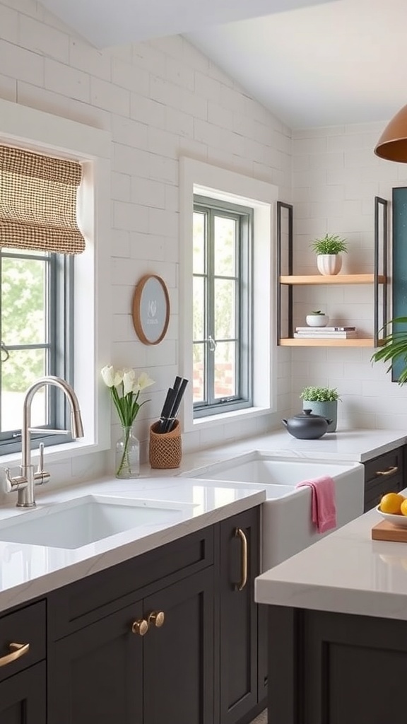 A modern kitchen featuring a farmhouse sink with stylish cabinetry and decor.