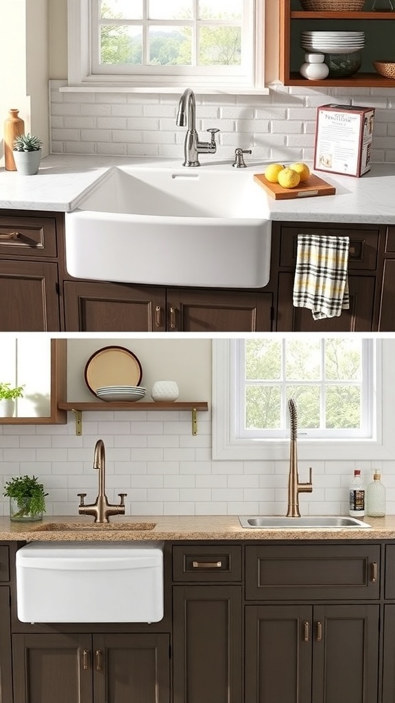 A comparison of farmhouse sinks with traditional sinks in a kitchen setting.