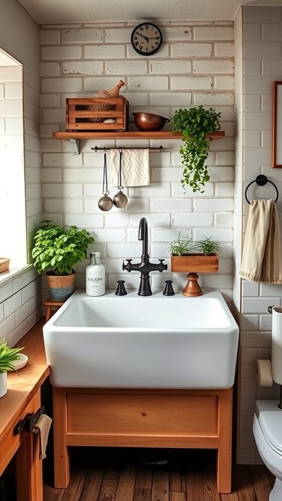 A rustic farmhouse bathroom featuring a white apron front sink, wooden shelves, and green plants.
