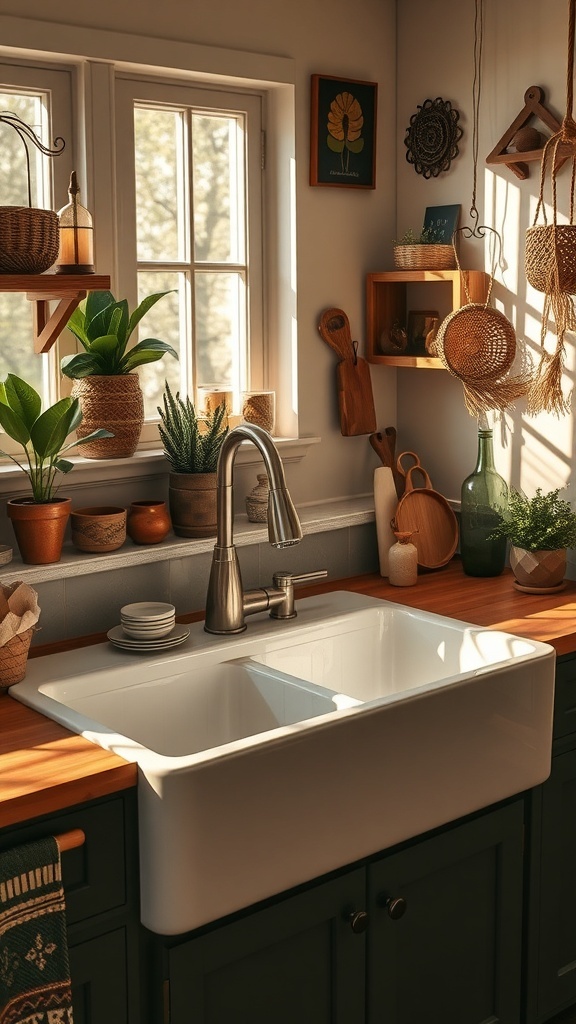 A stylish farmhouse sink with a green towel, wooden countertop, and decorative items around it.