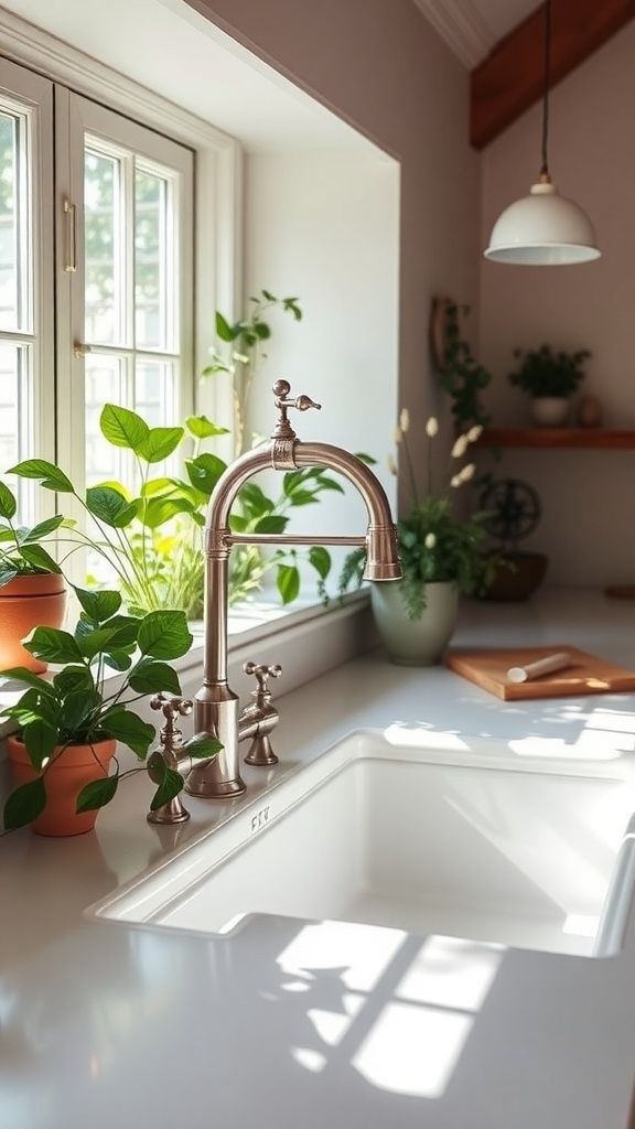 A farmhouse sink with a vintage faucet surrounded by plants in a bright kitchen.