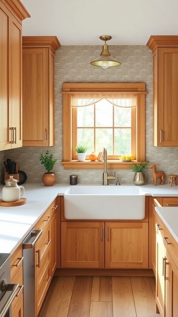 A modern farmhouse kitchen featuring a large farmhouse sink, wooden cabinets, and natural light from a window.