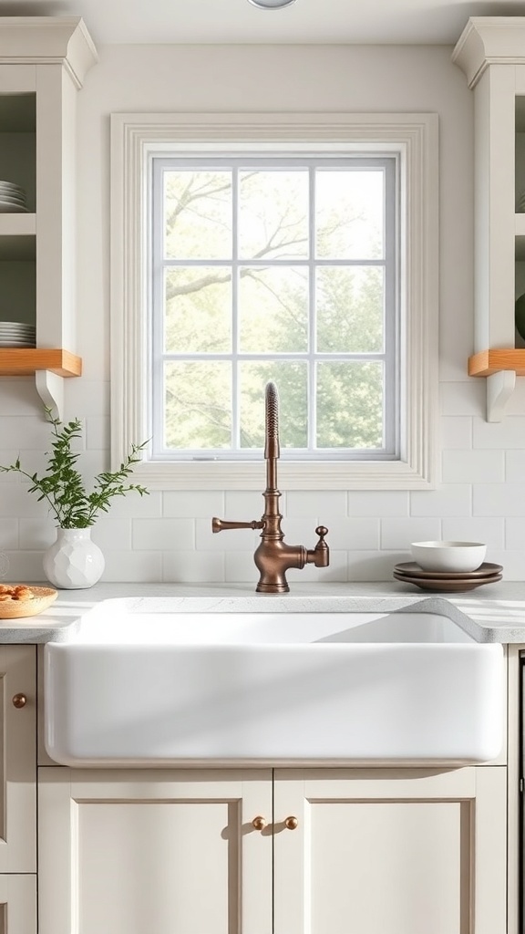 A contemporary farmhouse kitchen featuring a white farmhouse sink with a vintage-style faucet, surrounded by light cabinetry and a window.