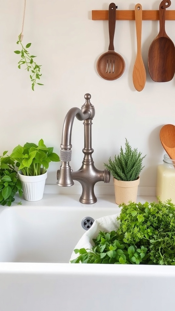 Farmhouse sink with vintage faucet and fresh herbs on the counter.
