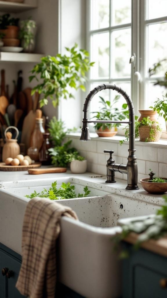 A farmhouse kitchen featuring a large sink with a vintage faucet, surrounded by plants and natural light.